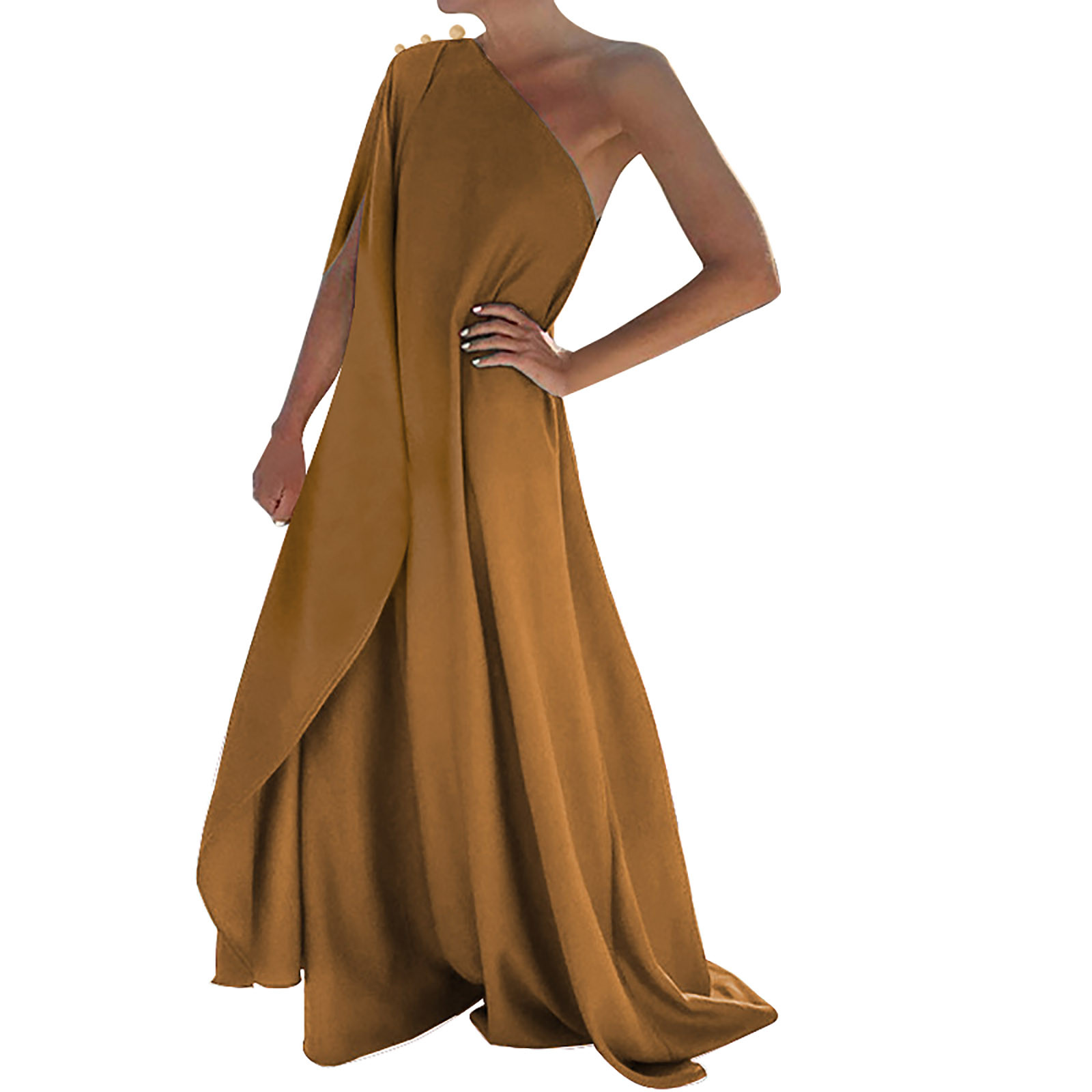 thumbnail image 1 of Vestido largo boho de un solo hombro para mujer - Color liso, fluido - Informal/playa/vacaciones - Mezcla de poliéster y spandex, 1 of 6